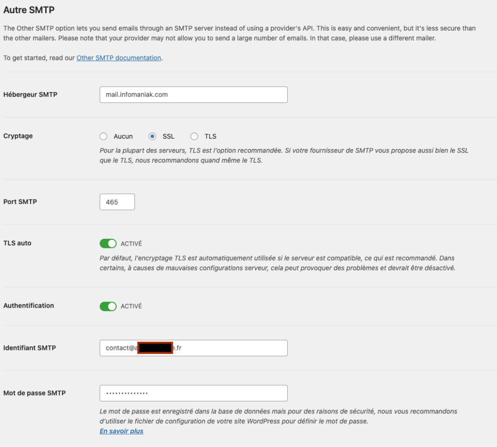 Configuration d'une adresse gérée par Infomaniak dans l'extension WP Mail SMTP