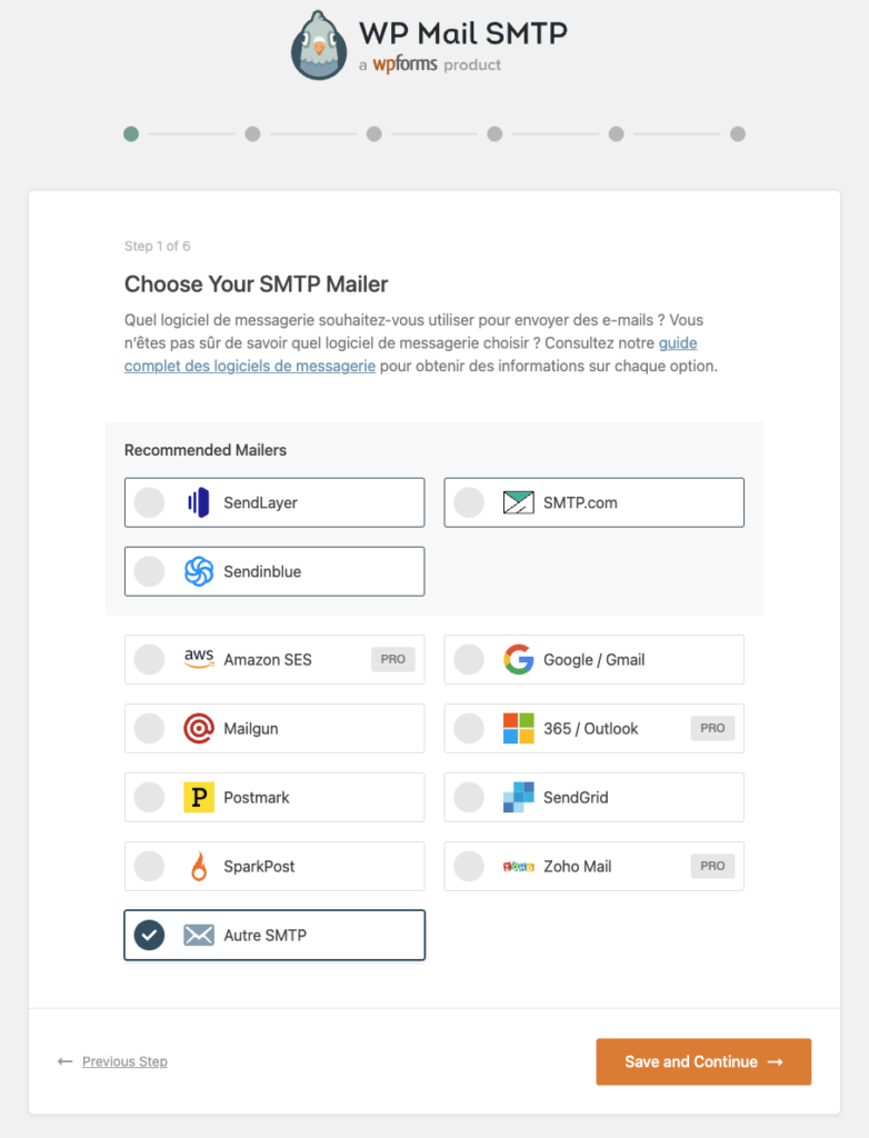 Ecran de configuration de Wp Mail SMTP