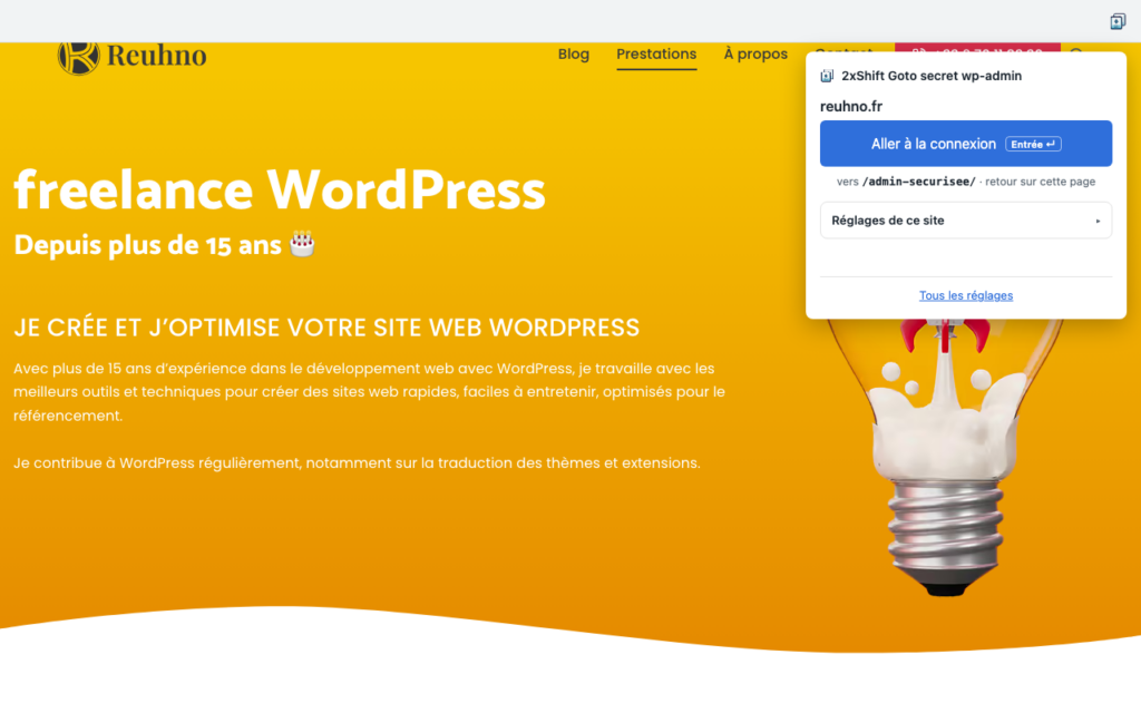Popup de 2xShift ouvert depuis l'icône de la barre d'outils