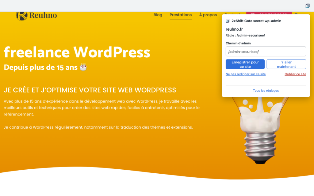 Popup de 2xShift ouvert depuis l'icône de la barre d'outils