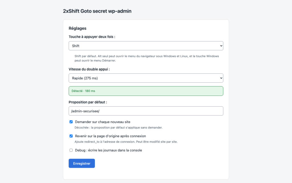 Page de réglages de 2xShift : touche, vitesse du double appui et zone de test