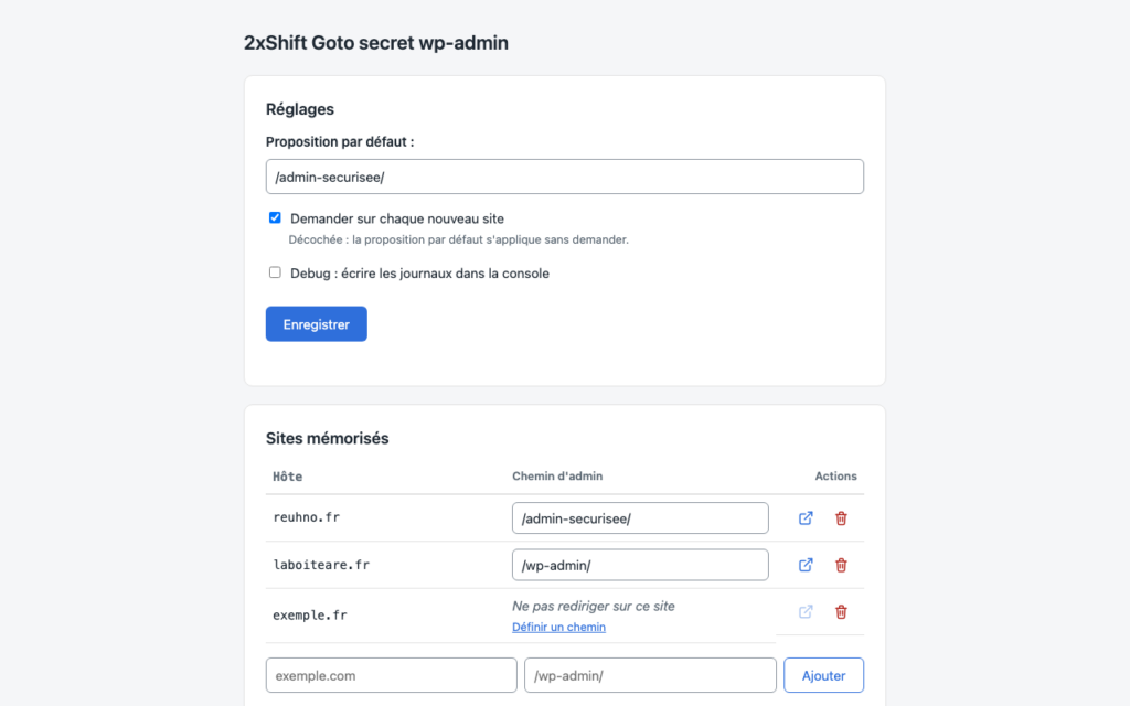 Page de réglages de 2xShift avec la liste des sites mémorisés